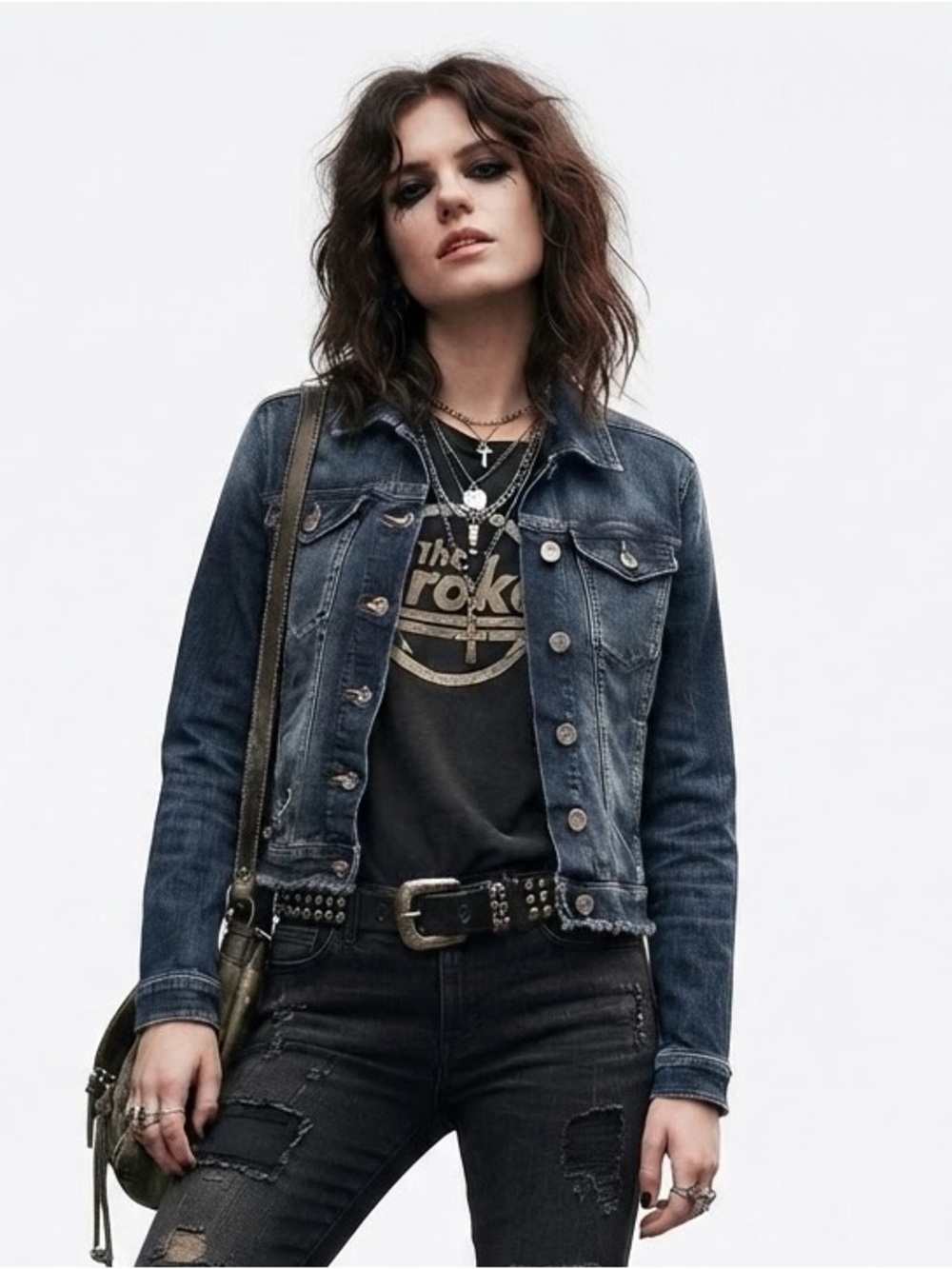 Rock & Republic Cropped Distressed Denim Trucker Jean Jacket Y2K size Small
